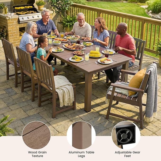 Ayge 9-Piece Outdoor Dining Set – HDPE Patio Furniture for 8 with 2" Hole Cut-Out Table & 8 Chairs, Perfect for Pool, Patio, Garden, Brown