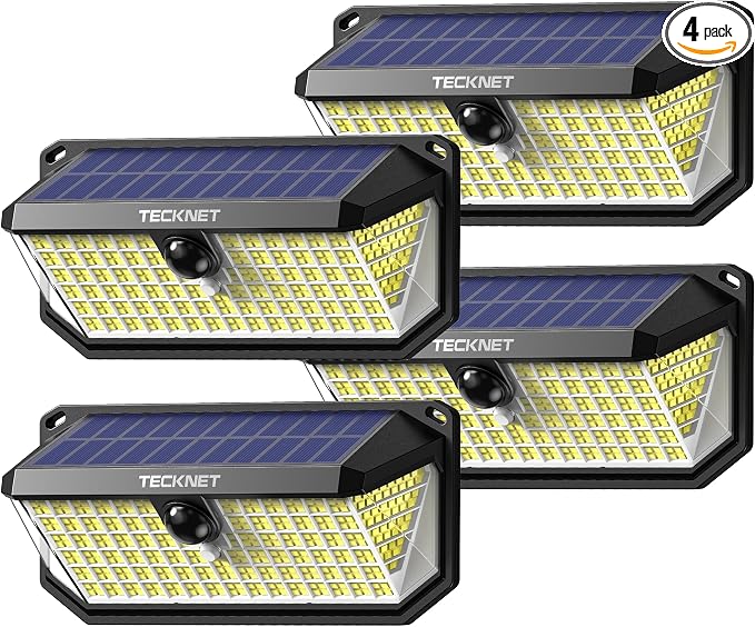 TECKNET 4200Lm Solar Lights Outdoor 416 LED Motion Sensor Security Lights | IP66 Waterproof,300° Angle,3 Lighting Modes,4 Pack Cool White Solar Lights for Fence,Front Door, Yard, Deck and Garden