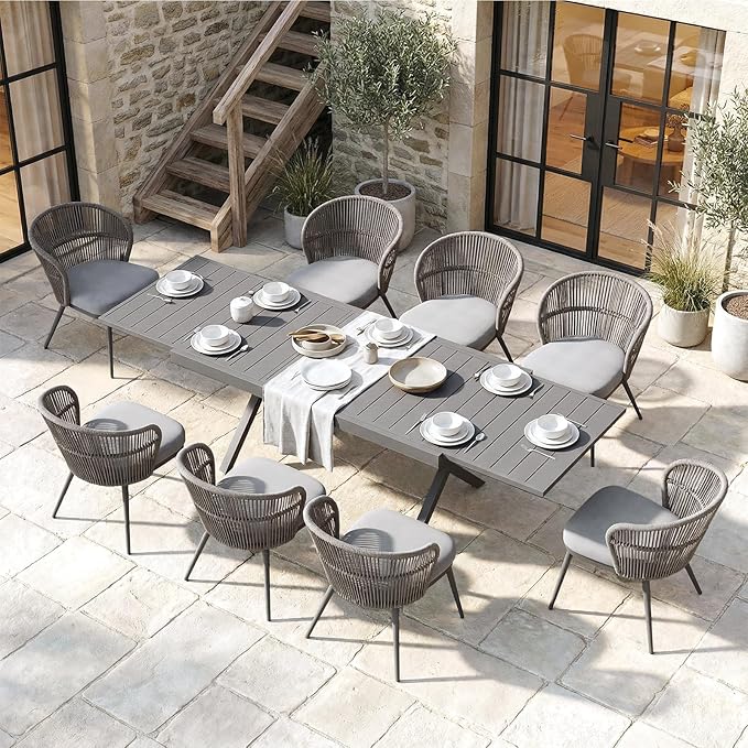 SUNSITT 9 Piece Outdoor Patio Dining Set, 65" - 107" Metal Expandable Outdoor Dining Table with X-Shape Legs, 8 Woven Wicker Outdoor Patio Chairs w/Removable Cushions for Garden, Dark Grey