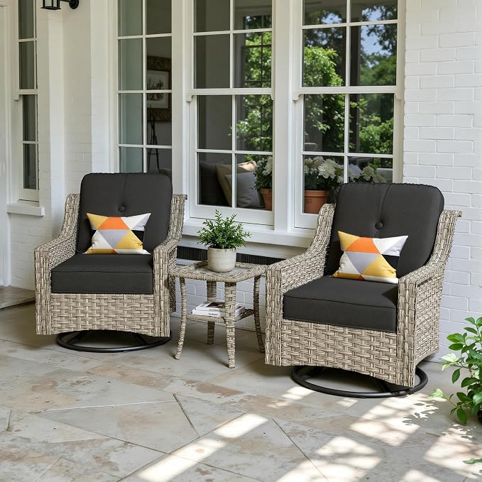 3 Piece Patio Furniture Set, Outdoor High Back Swivel Rocker Chairs Set of 2 with Side Table, All Weather Wicker Glider Chair with Thick Cushions for Backyard Balcony Porch, Black