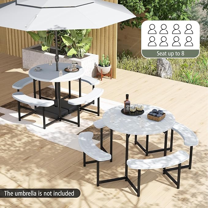 Byroce 6-8 Person Picnic Table for Outdoors, HDPE Picnic Table Set with 4 Benches, Umbrella Hole & Metal Frame, Heavy Duty Round Dining Table Chairs for BBQ Party in Patio, Yard & Poolside (White)