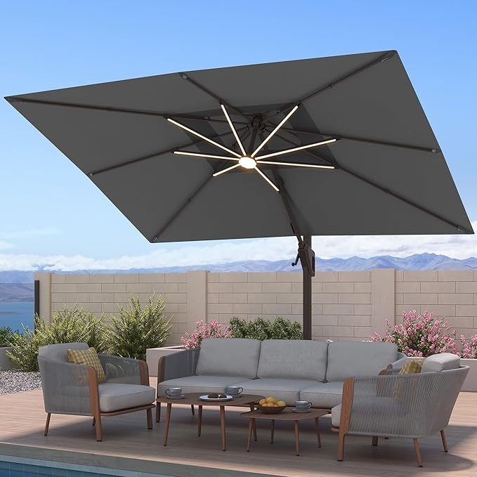 10x13 FT Patio Umbrella with Weighted Base and LED Lights Cantilever Outdoor Large Heavy Duty Rectangle Aluminum Offset Umbrellas Double Top 360 Rotation for Pool Deck Garden, Grey