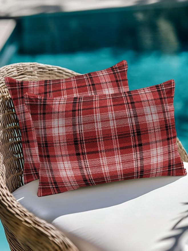 Waterproof Outdoor Pillow Set of 2 Red Checked Plaid Decorative Throw Pillows Cover & Insert 20x12 Inch Lumbar Pillowcase Stripes Woven Grid Pillows for Couch Sofa Bed Patio Furniture Indoor Outdoor