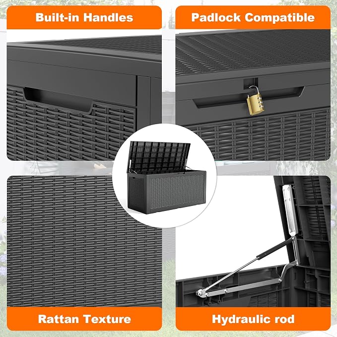 120 Gallon Outdoor Storage Box Waterproof, Resin Lockable Deck Box with Lid, Large Capacity Weatherproof Container for Patio Furniture Pool Accessories, Cushions(Black, 120 Gallon)