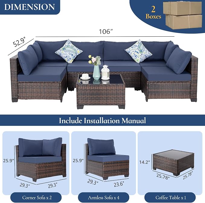 FHFO 7 Piece Outdoor Wicker Patio Furniture Set, Brown/Blue | Sectional Sofa | All-Weather Hand-Woven Rattan | Tempered Glass Coffee Table | Free Combination | Indoor & Outdoor Use