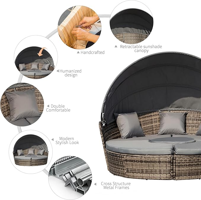 Outsunny 4-Piece Round Convertible Daybed with Cushions, Outdoor PE Rattan Patio Wicker Sofa Set, Sunbed with Adjustable Sun Canopy, Sectional Sofa, 2 Chairs, Table, 3 Pillows, Gray