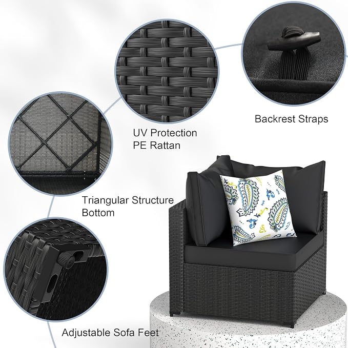 GOJOOASIS Patio Furniture Set Outdoor Sectional Sofa with Ottoman Wicker Couch Rattan Modular Seating Conversation Sets Porch Decor for Backyard, Balcony, Garden (Black)
