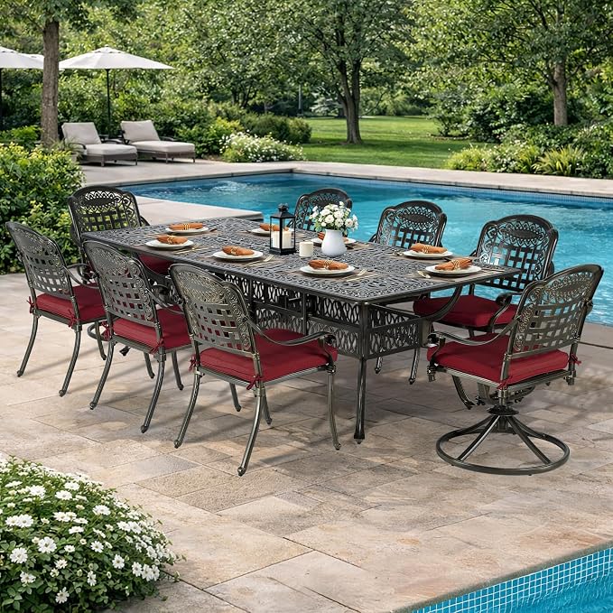 VIVIJASON 9-Piece Outdoor Dining Set, Cast Aluminum Patio Table & Chair Furniture Set for 8, Include 94.5" Rectangular Table, 2 Swivel Rocker Chairs, 6 Stationary Chairs, Umbrella Hole, Red Cushion