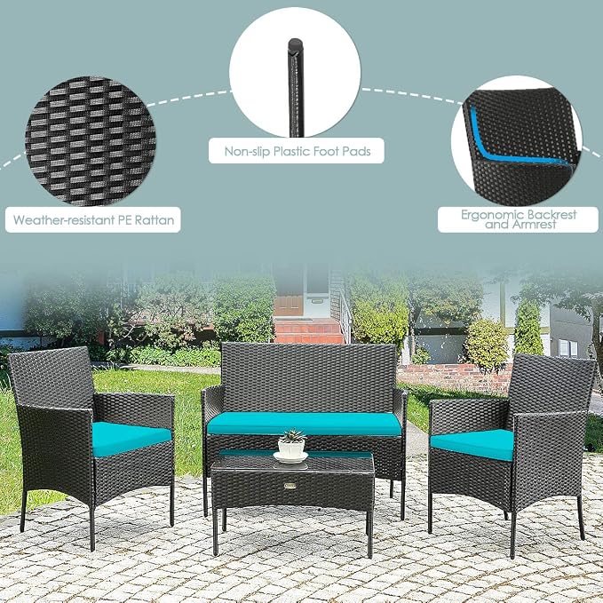 HAPPYGRILL 8-Piece Patio Furniture Set Rattan Wicker Conversation Set with Tempered Glass Top Table, Outdoor Wicker Sofa Set with Removable Cushions for Poolside Garden Backyard