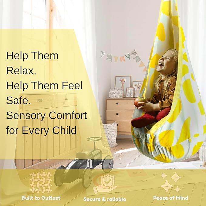 Calming Sensory Swing - Indoor Sensory Hammock for Kids & Adults, Supports up to 170 lb (77 kg), Double-Layer Canvas Fabric, Hanging Hardware Included, White-Yellow