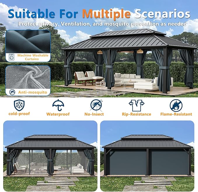 HOTEEL 12x20 Hardtop Gazebo on Clearance with Metal Roof, Heavy Duty Galvanized Steel Patio Hard Top Gazebos, Outdoor Permanent Screened in Gazebo with Curtains, for All-Weather, Backyarad, Black(Pro)