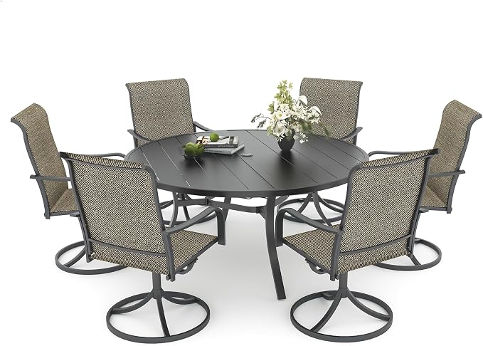 Anmutig 7-Piece Outdoor Dining Set, 54" Round Table with 6 Swivel Chairs All Weather Furniture Set for Lawn Garden, Light Tan