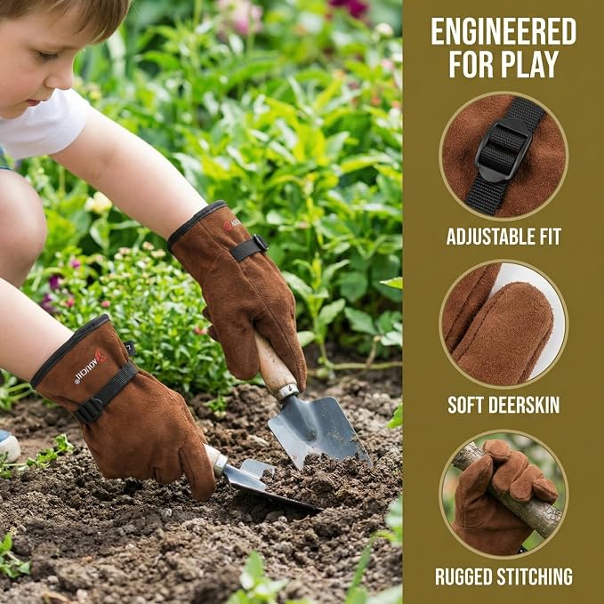 Kids Leather Work Gloves Age 2-15, Extra Soft Deerskin Suede (Brown, 4-6Y) | Flexible Breathable Lightweight Toddler Genuine Leather Gloves for Outdoor Activities, DIY, Planting, Hiking, Painting