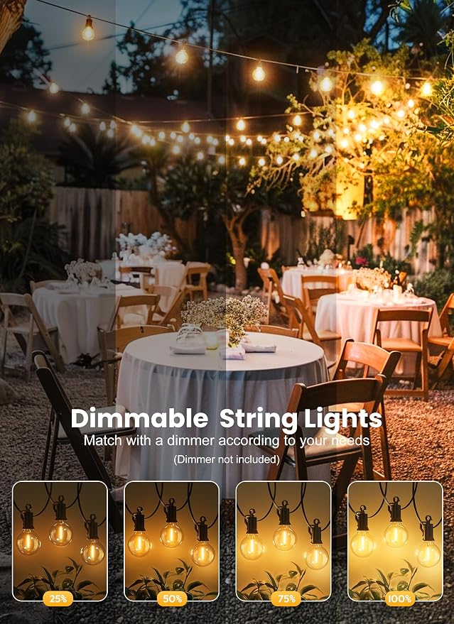 Outdoor String Lights, 100FT 100+2 G40 Bulbs Shatterproof Patio Lights | IP65 Waterproof Dimmable Hanging Connectable Globe LED Outdoor Lights for Backyard, Bistro, Porch, Deck, Balcony
