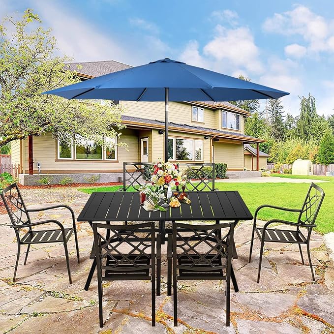 7 Pieces Patio Metal Furniture Outdoor Dining Set with 6 Stackable Bistro Chairs, 60'' x 37'' Rectangle Table and 10Ft Dark Blue Umbrella