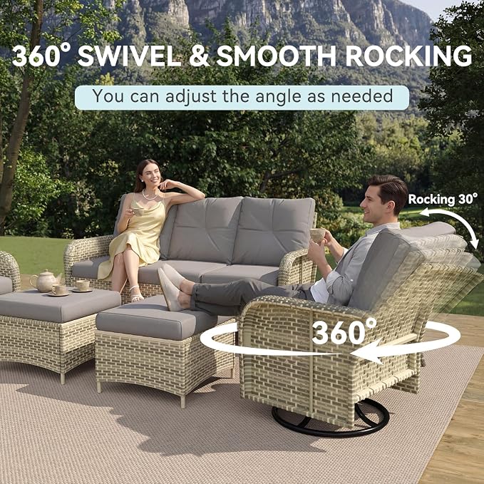 LazySunsets 12 Piece Outdoor Patio Furniture Set with 44'' Fire Pit Table, Wicker Rattan Outdoor Furniture with High Back Swivel Rocker Chairs, Outdoor Sofa Set with Thick Cushions & Ottoman, Grey