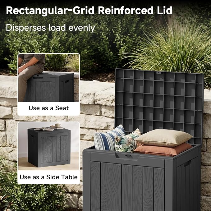 PatioZen 35 Gallon Outdoor Deck Box,Waterproof Resin Outdoor Storage Boxes, Outside Storage Lockable Container for Garden Tools,Indooor Cushions,Accessories (Black)