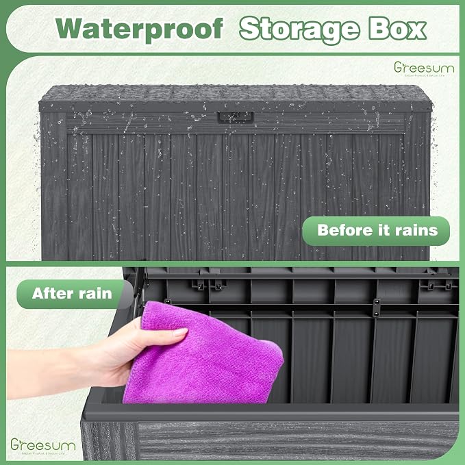 Greesum Outdoor Storage Box 120 Gallon Storage Bin with Lid for Patio Furniture, Garden Tools, Pool Supplies, Lockable, Waterproof and UV Resistant, Gray