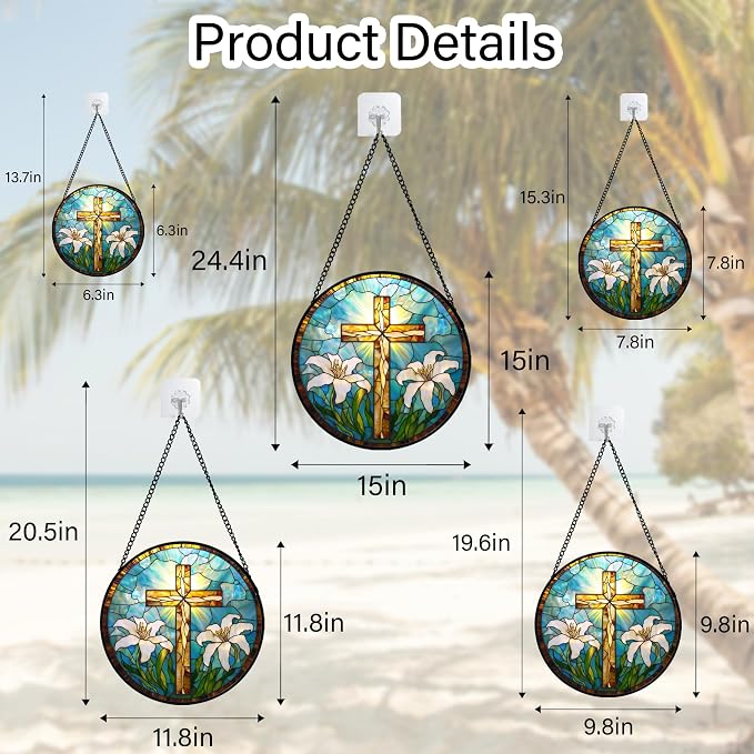 DASTOLL Christian Gifts for Women - Cross Stained Glass Window Hanging Jesus Easter White Lily Flower Sun Catcher Garden Religion Decor Mother's Day Catholic Gift for Men Grandma Mom Her Nana 11.8"