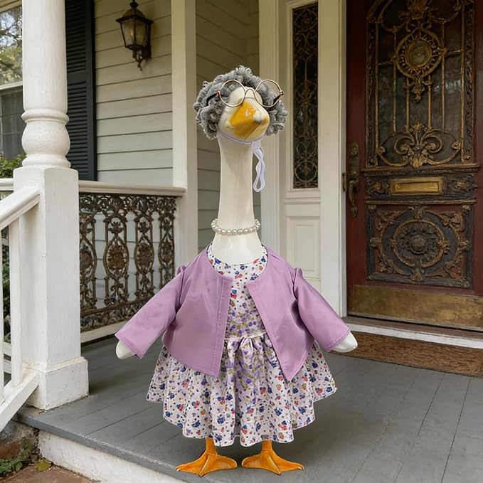 Old Lady Porch Goose Outfits Grandma Goose Clothes Glasses Curly Wig Floral Print Dress Cardign and Pearl Necklace,23'' Geese Statue Outdoor Patio Yard Lawn Decoration (Mixed)