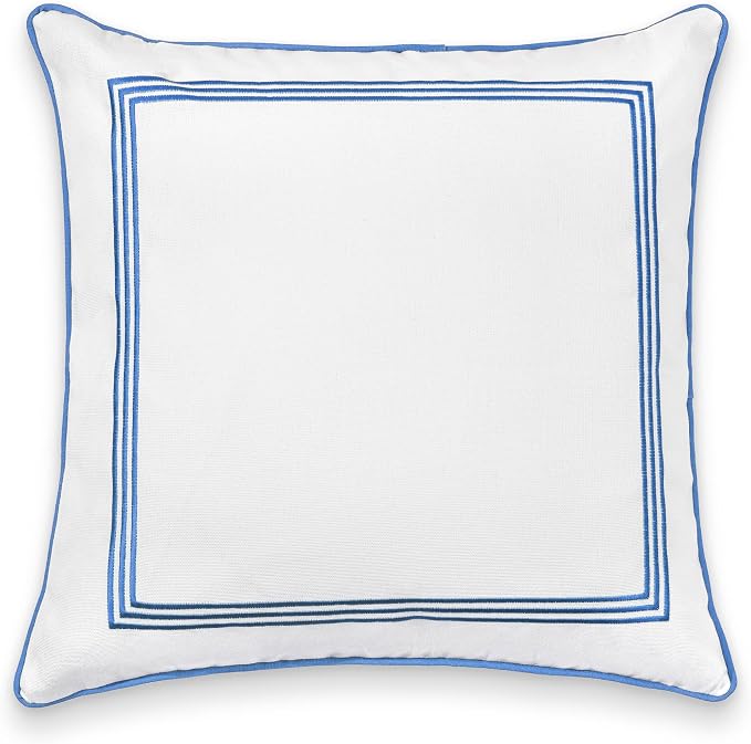 Hofdeco Premium Coastal Patio Indoor Outdoor Pillow Cover Only, 20"x20" Water Repellent for Backyard, Couch, Cornflower Blue Embroidered Square Line