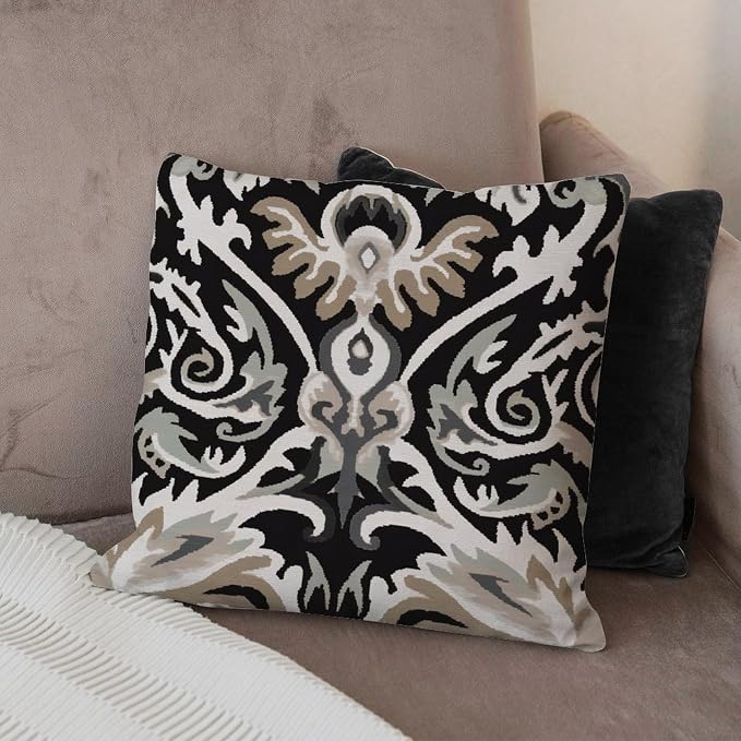 Ikat Black Brown Cushion Cases Euro Sham Charcoal Throw Pillow Cover Abstract Outdoor Garden Decoration for Patio Garden Couch Tent 20x20 in