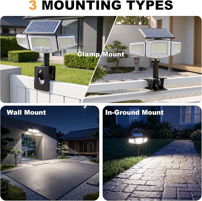 Clip-On Solar Lights, Motion Sensor Outdoor Lights with Stakes | In-Ground, Clamp or Wall Mount, USB Charging Supported, IP65 Waterproof, Solar Flood Lights for Yard, Fence, Pathway, 2 Pack