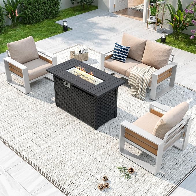 Aoxun Aluminum Patio Furniture Set with Fire Pit Table, 4 Piece Luxury Outdoor Sectional with 6" Olefin Fabric Cushions, Patio Conversation Sets with Waterproof Cover for Backyard, Porch Beige