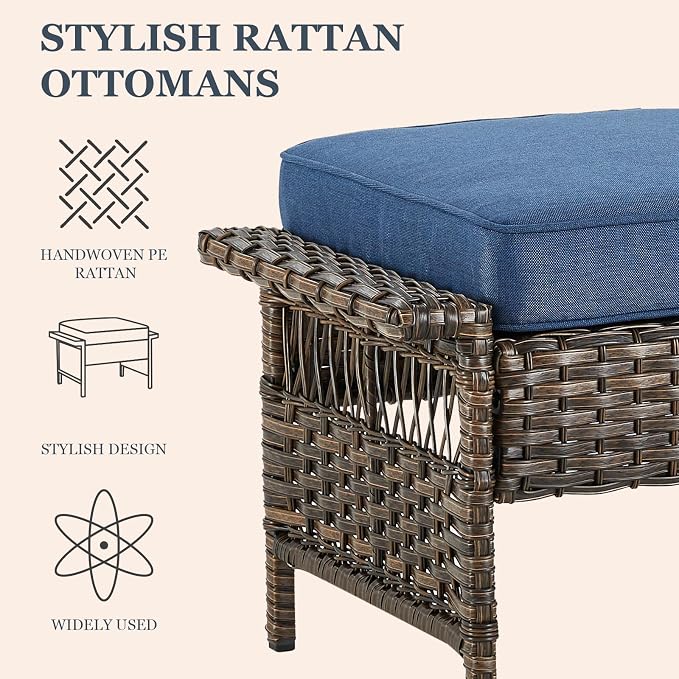 Patio Furniture Set with Fire Pit Table, 7PCS Patio Conversation Set Brown Resin Wicker Swivel Patio Chair Sofa Ottoman Set with Side Table and Fire Table PE Rattan Furniture Set