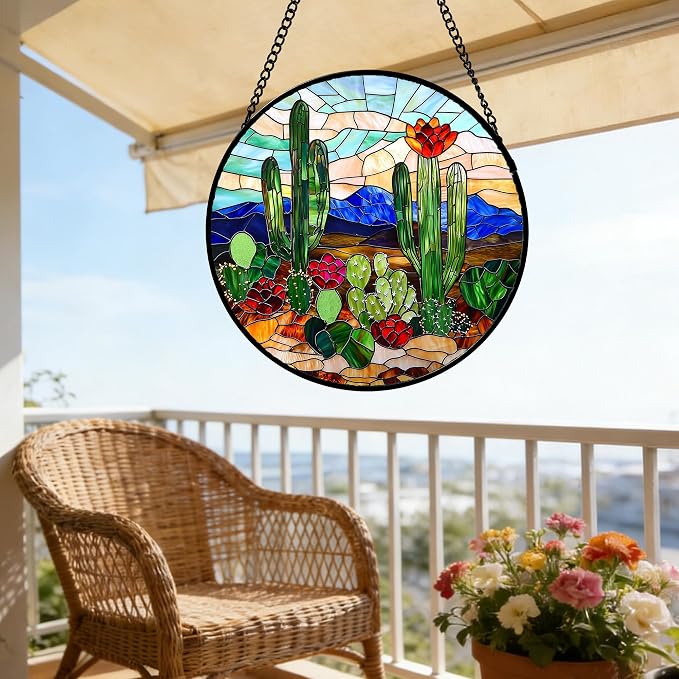 DASTOLL Stained Glass Window Hanging, Green Cactus Suncatcher for Doors Window Home Plant Landscape Sun Catchers Decoration Mother's Day Birthday Gifts for Women, Men, and Mom 11.8 in