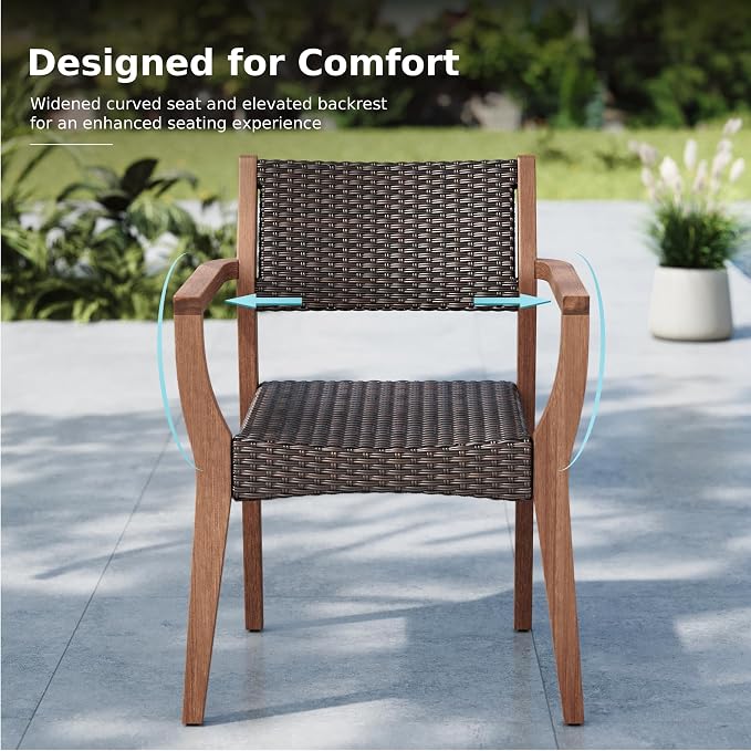 MFSTUDIO Teak Outdoor Dining Set for 6, Outdoor Wood Table and Chairs, Patio Expandable Dining Table with Rattan Chairs, 7 Pieces Wood Outdoor Patio Dining Furniture Set