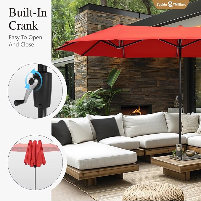 Sophia & William Patio Set with Umbrella Outdoor Dining Set for 6 with 13ft Umbrella Orange Red, 6 x Patio Chairs Grey, 1 Wood Like Outdoor Dining Table for Deck Lawn Garden (No Umbrella Base)