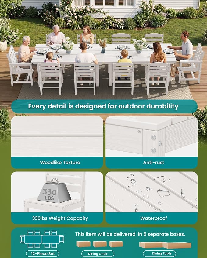 SERWALL HDPE Outdoor Dining Set for 10 with 2 Tables & 10 Chairs, White | 12-Piece HDPE Outdoor Dining Set for 10, All-Weather Resistant Dining Furniture