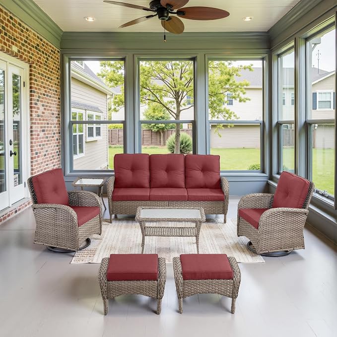 Belord Wicker Outdoor Furniture Set - 7 Piece Patio Conversation Sets with Comfort Swivel Rocker Glider Patio Chairs Set of 2 and Rattan Sofa, Tempered Glass Coffee Table and Side Table,Gray/Red
