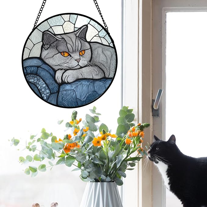 Stained Glass Window Hanging 4 Pcs Set Cute Cat 7.8" - Suncatcher Door Garden Sun Catcher Decor Birthday Mother's Day Christmas Comfort Gifts for Lost Pet Woman Nana Mom Men Friend