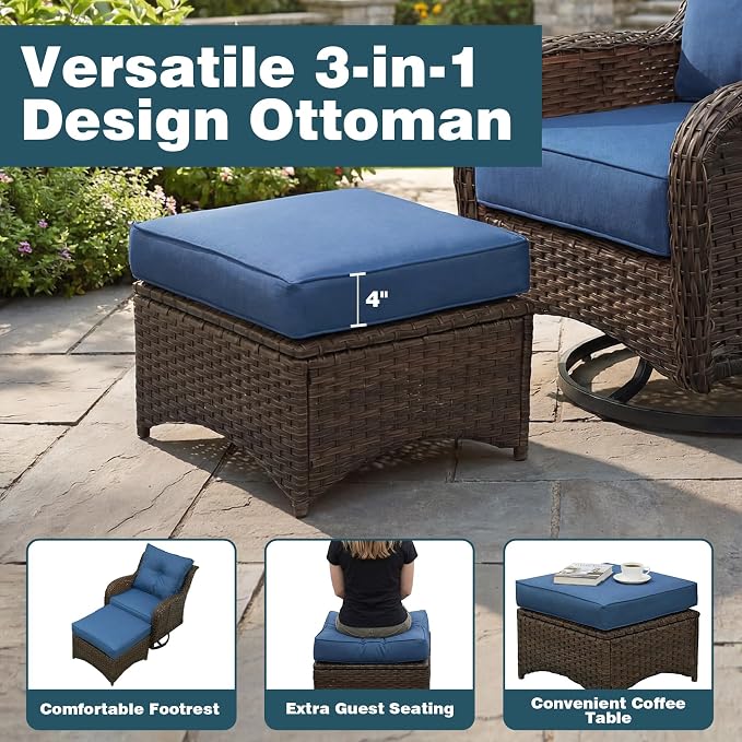 Patio Furniture Set, 10PCS Outdoor Wicker Conversation Set with 6" Thick Cushions, High Back Rattan Sofa & Swivel Rocker Chairs, Weather Resistant Olefin Fabric for Garden, Poolside, Navy Blue