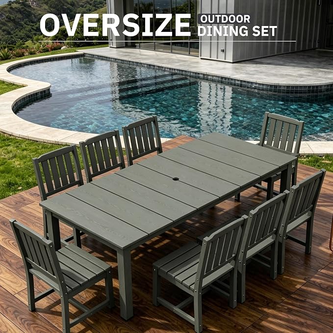 AreShark 9-Piece Outdoor Dining Set,HDPE Patio Table with 8 Armless Chairs,All-Weather Patio Furniture Set with Umbrella Hole,Low Maintenance Wood Grain Dining Set for Backyard,Garden,Poolside,Black