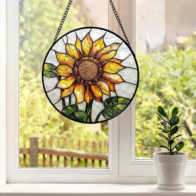 DASTOLL Stained Glass Window Hanging - Sunflower Flower Suncatcher Ready to Hang Window Doors Home Decoration and Christmas, Mother's Day Birthday Gifts for Women, Men, and Mom 7.8x7.8 in