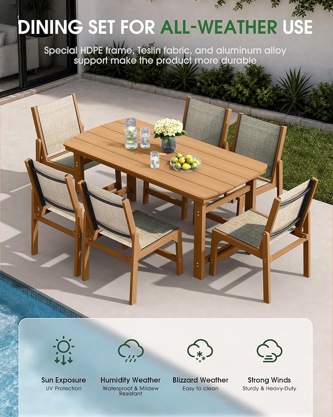 HDPE Outdoor Patio Dining Set with Table & 6 Stackable Armless Textilene Chairs, All-Weather 7-Piece Dining Table Set with Umbrella Hole, Patio Furniture for Garden, Poolside, Backyard, Deck | Teak
