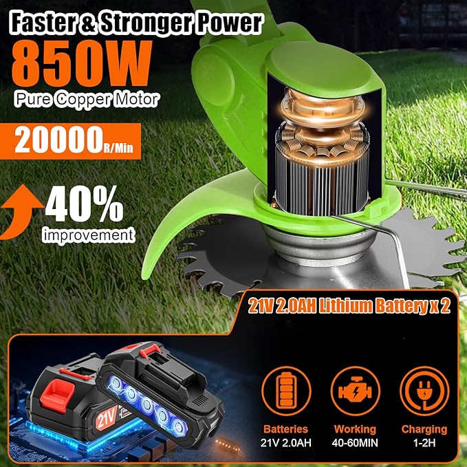 Electric Weed Wacker Cordless Weed Trimmer 21V Stringless Weed Wacker Lightweight 3-in-1 Grass Trimmer/Brush Cutter/Edger with 2pcs Batteries&Wheel, 4Types Blades, for Lawn, Garden & Yard