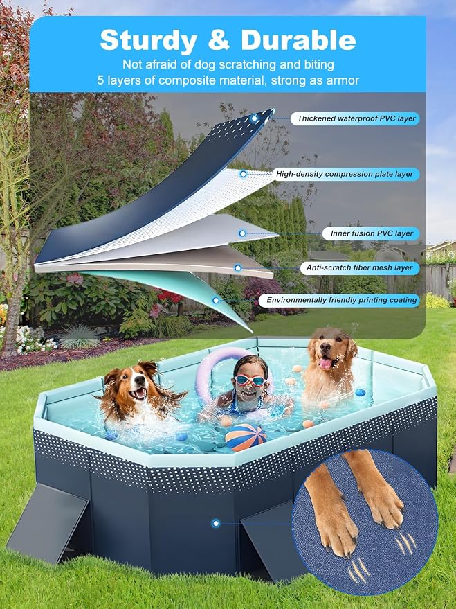 Large Foldable Swimming Kiddie Pool 83" L x 55" W x 22" H – Hard Plastic Square Pool for Kids & Dogs, Reinforced Sidewalls for Backyard Use