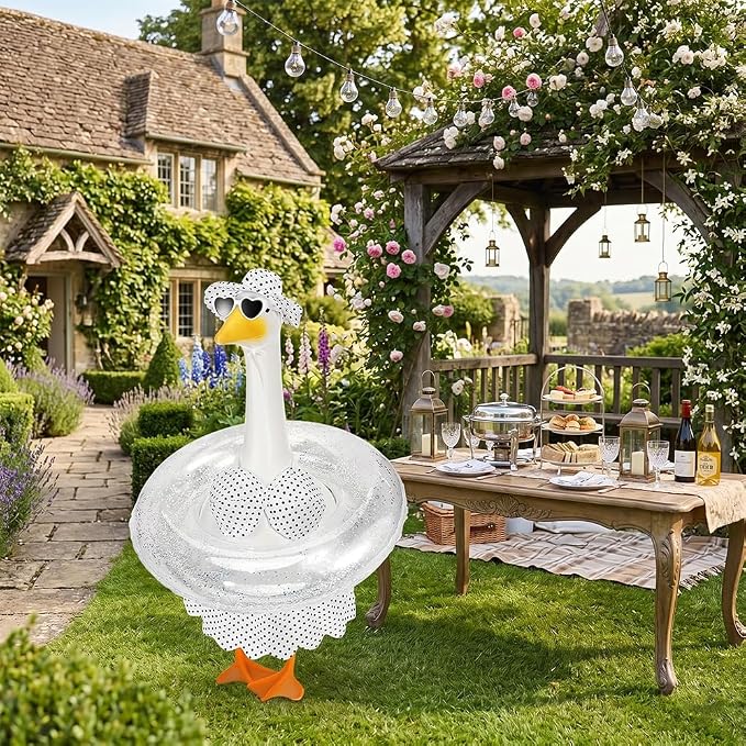 STONESTAR Hawaiian Porch Goose Outfits with Hat Sunglasses & Swim Ring, Summer Bikini Goose Outfit Clothes Costume Fits 23" Cement Geese Statue, Summer Garden Lawn Patio Yard Outdoor Decor