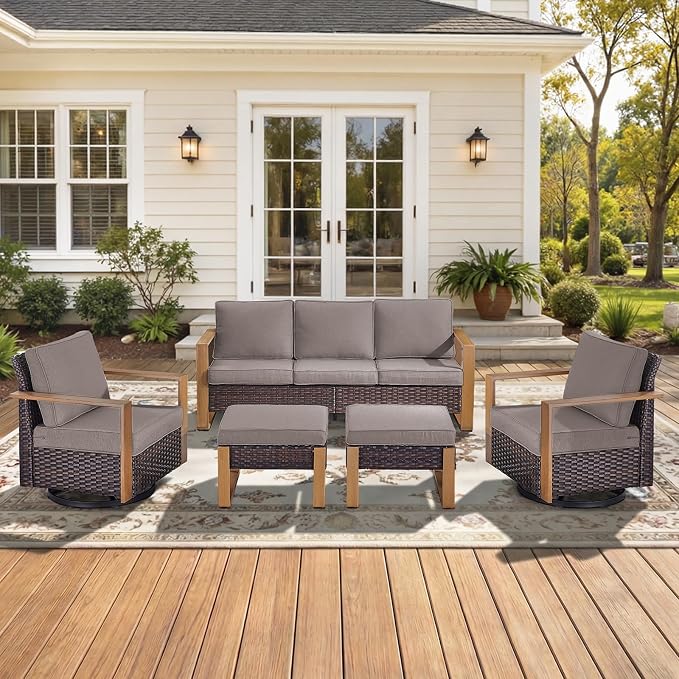 5-Piece Outdoor Patio Furniture Set with Swivel Chairs, All-Weather Wicker Sofa Set for Garden, Yard, Porch and Poolside Seating Grey