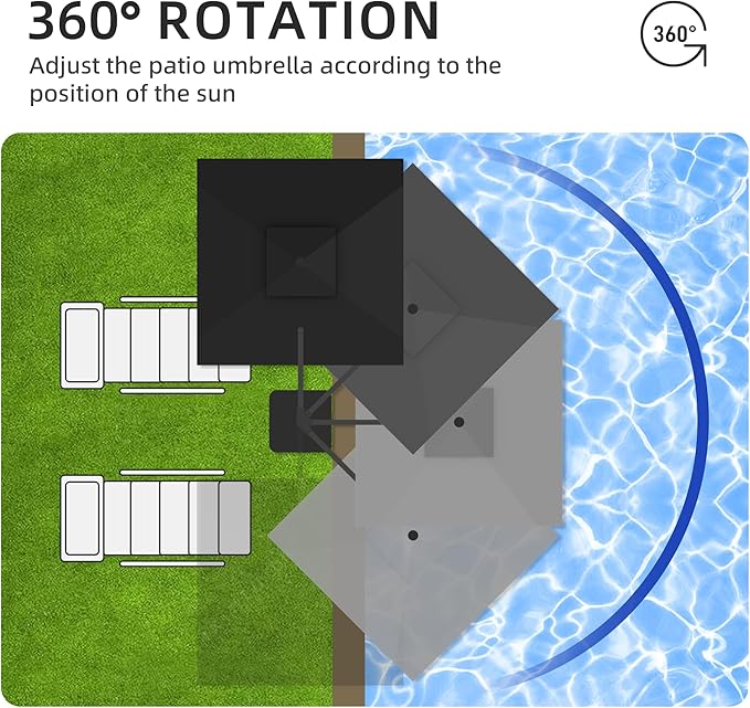 JZAC & QZYD 9x9 FT Outdoor Cantilever Patio Umbrella with Base Included and Solar LED Lights, Large Heavy Duty 2-Tier Square Aluminum Offset Umbrellas with 360-Degree Rotation for Pool Deck, Black
