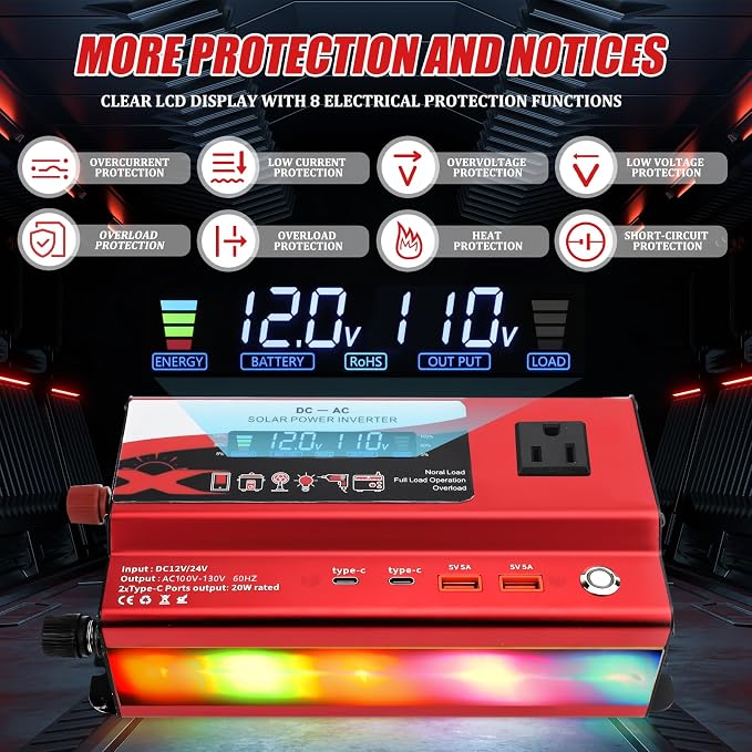 12V/24V Car Power Inverter Converter, Dual Type C Dual USB Dual Cigar Lighter Ambient Light LCD Display Adapter with Wide Compatibility, Suitable for Cars and Trucks (Red, 1000W)