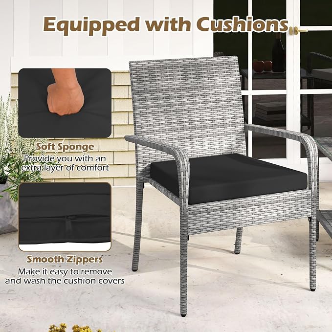 Tangkula 3 Pieces Patio Furniture Set, PE Rattan Outdoor Cushioned Conversation Chairs with 2-Tier Tempered Glass Tabletop Table, for Balcony, Garden and Poolside