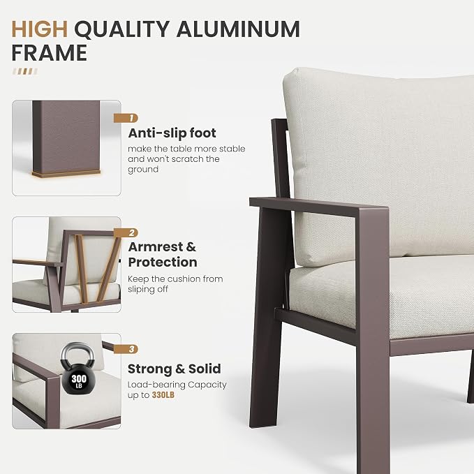 5-Piece Aluminum Patio Conversation Sets All-Weather Outdoor Furniture Sectional Sofa Modular Patio Set with 4'' Cushion Removable Covers for Porch Poolside Deck Balcony Yard
