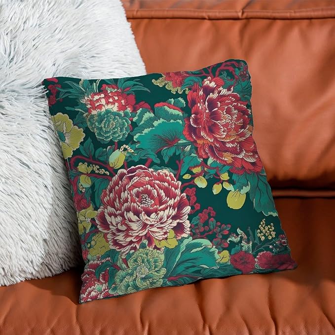 Pillow Cover Chinoiserie Red Peony Floral Pillowcase Modern Green and Pink Pillow Cover Accent Farmhouse Decor Pillow for Patio Furniture Garden 24x24 in