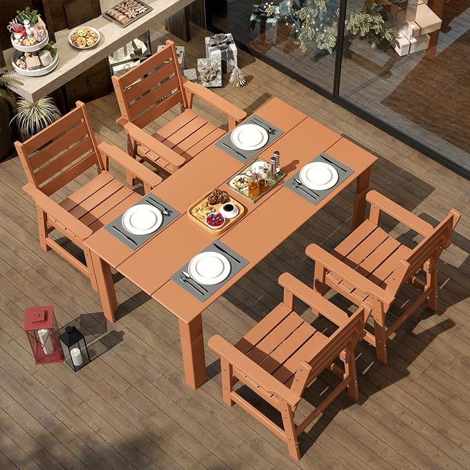IVY&LANE Outdoor 5-Piece Dining Set for 4 | HDPE | 67’’ Rectangle Table and Chairs | Patio Furniture Sets | All Weather | Umbrella Hole | Teak | for Poolside Lawn Garden Backyard