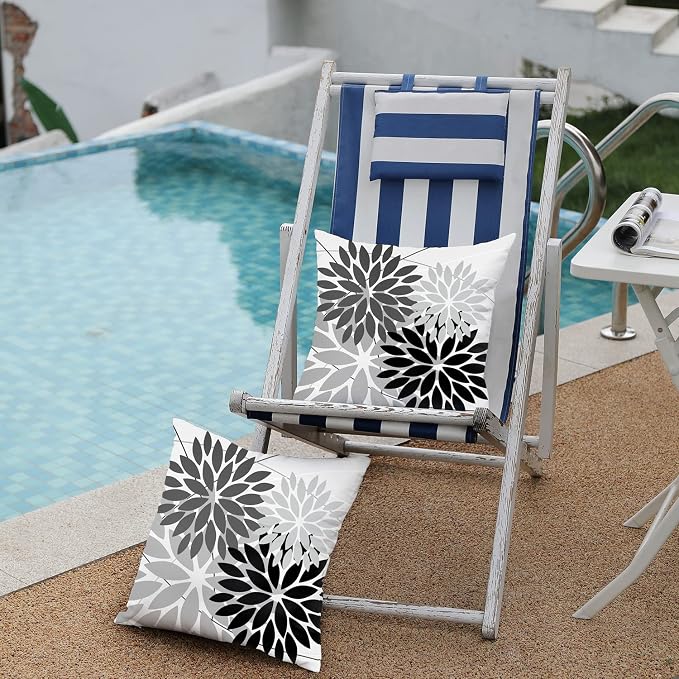 DFXSZ Pack of 2 Outdoor Waterproof Throw Pillow Covers 18x18 Grey Black | Polyester Colorful Spring Summer Floral Decorative Cushion Cases(NO INSERT),For Couch Patio Funiture Garden Home Decor